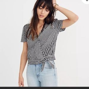 Madewell| Short-Sleeve Wrap Top in Gingham Check Black White Size XL